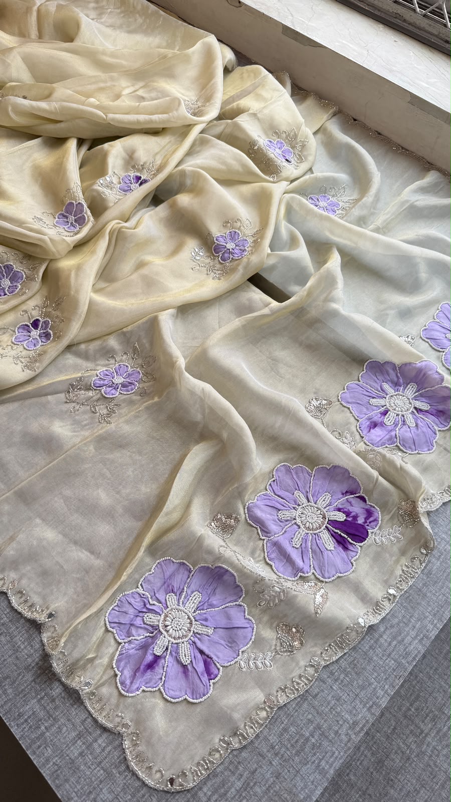 Appliqué, Kutdana & Pearl On Cosmo Munga Silk · 40 Artisan Hours of Work · The Gulmohar Petal Edit