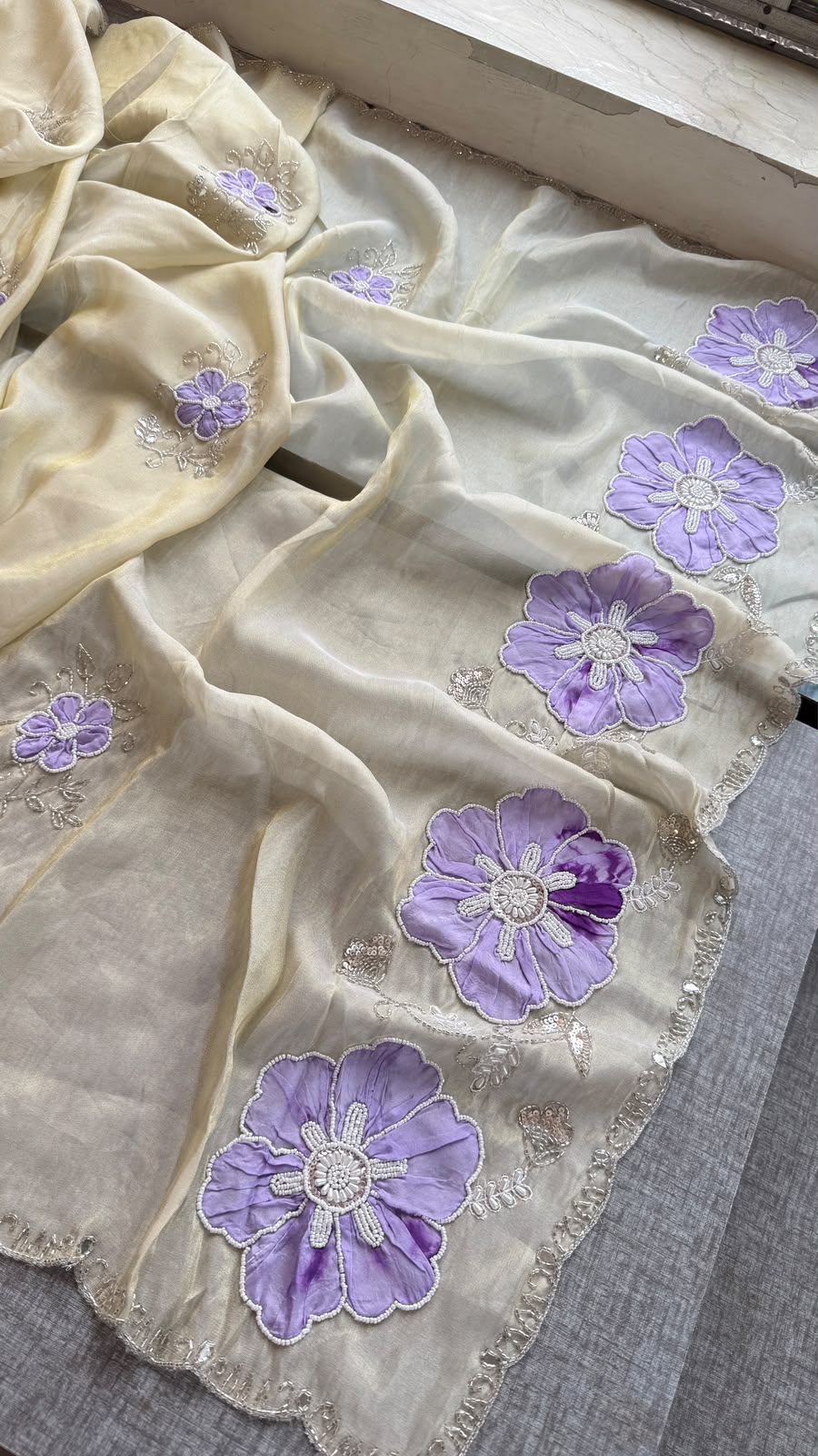 Appliqué, Kutdana & Pearl On Cosmo Munga Silk · 40 Artisan Hours of Work · The Gulmohar Petal Edit
