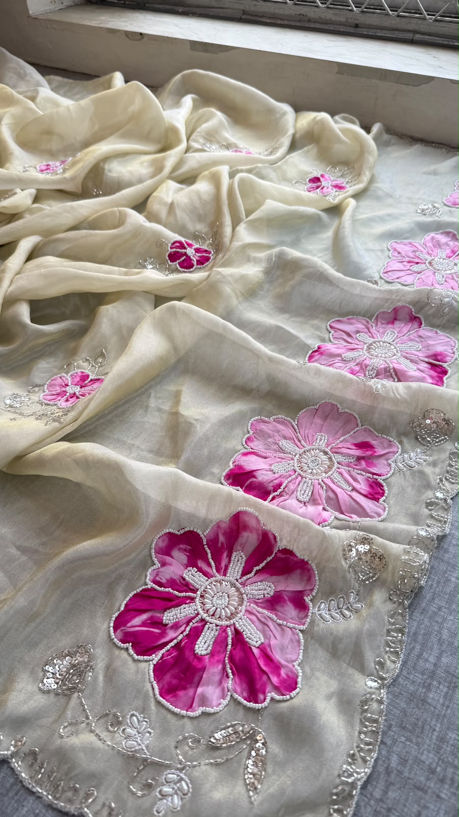 Appliqué, Kutdana & Pearl On Cosmo Munga Silk · 40 Artisan Hours of Work · The Gulmohar Petal Edit
