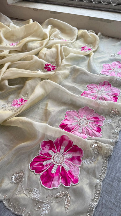 Appliqué, Kutdana & Pearl On Cosmo Munga Silk · 40 Artisan Hours of Work · The Gulmohar Petal Edit