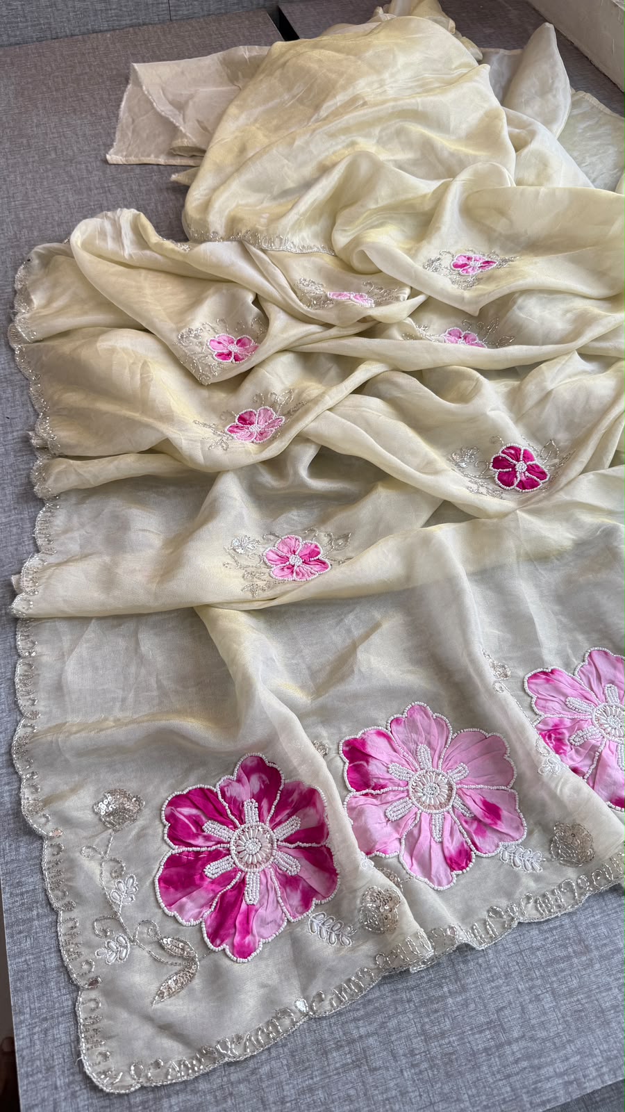 Appliqué, Kutdana & Pearl On Cosmo Munga Silk · 40 Artisan Hours of Work · The Gulmohar Petal Edit