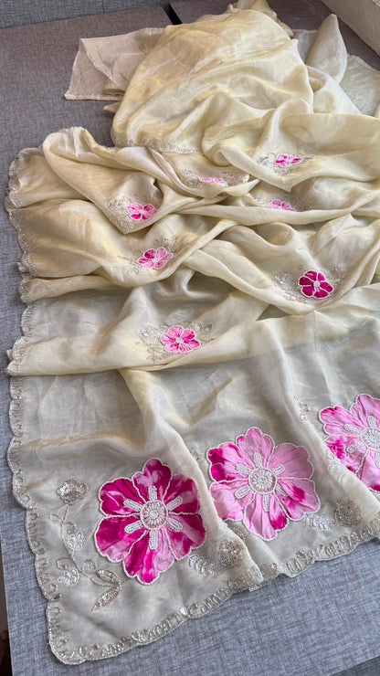 Appliqué, Kutdana & Pearl On Cosmo Munga Silk · 40 Artisan Hours of Work · The Gulmohar Petal Edit