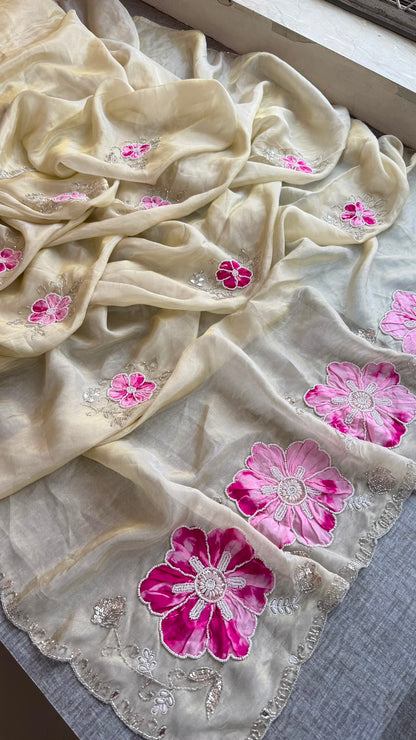 Appliqué, Kutdana & Pearl On Cosmo Munga Silk · 40 Artisan Hours of Work · The Gulmohar Petal Edit