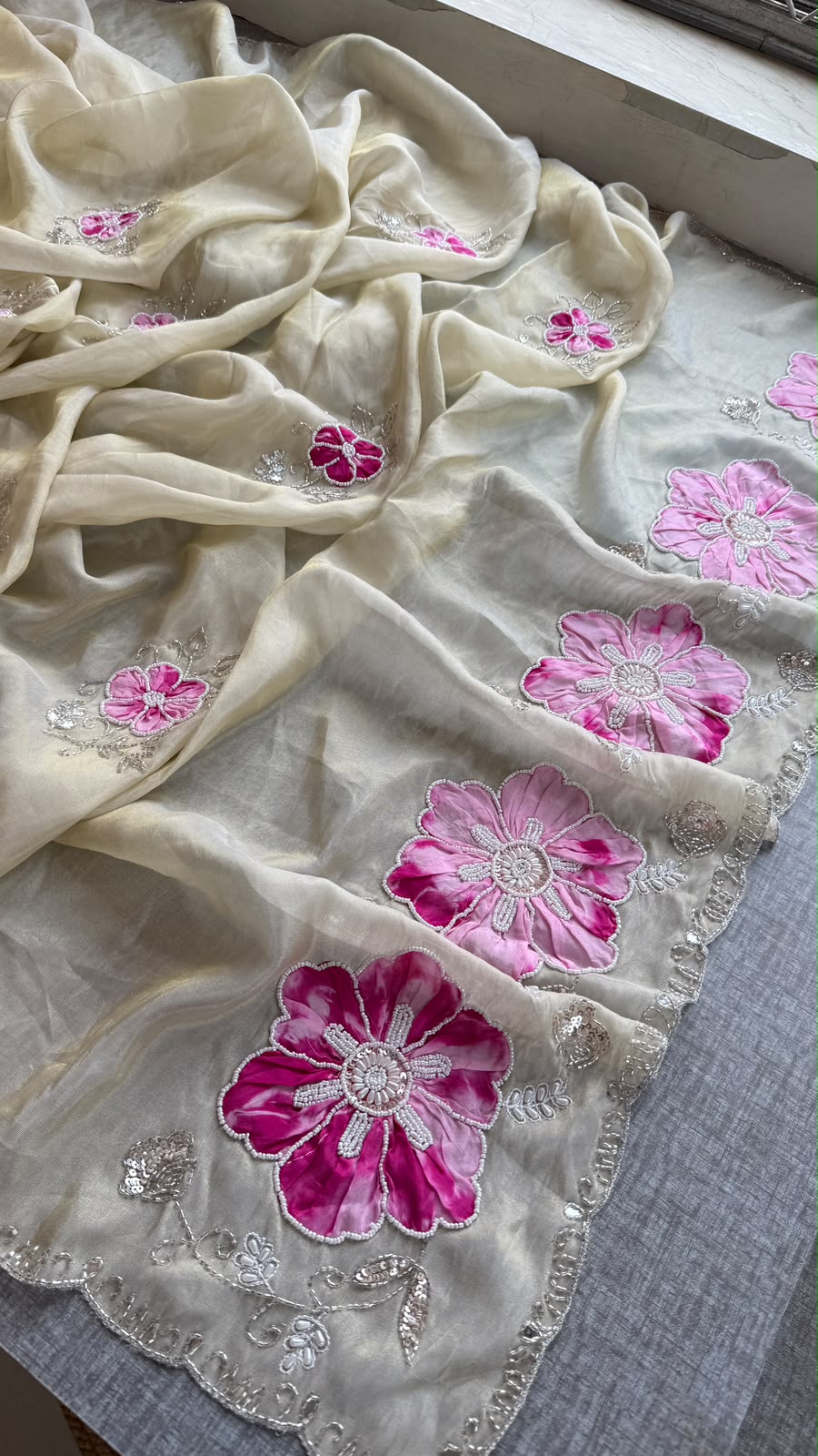 Appliqué, Kutdana & Pearl On Cosmo Munga Silk · 40 Artisan Hours of Work · The Gulmohar Petal Edit