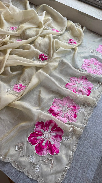 Appliqué, Kutdana & Pearl On Cosmo Munga Silk · 40 Artisan Hours of Work · The Gulmohar Petal Edit