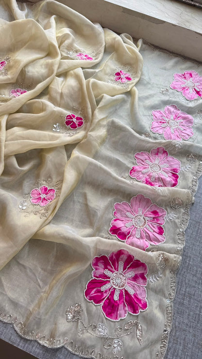 Appliqué, Kutdana & Pearl On Cosmo Munga Silk · 40 Artisan Hours of Work · The Gulmohar Petal Edit