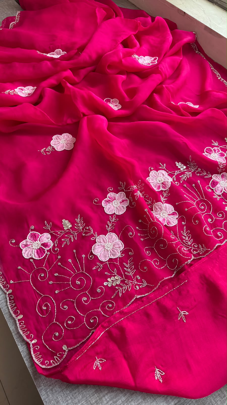 Pearl, Kutdana & Artisan Appliqué On Pure Soft Silk · 42 Artisan Hours of Work · The Meher Gul Edit