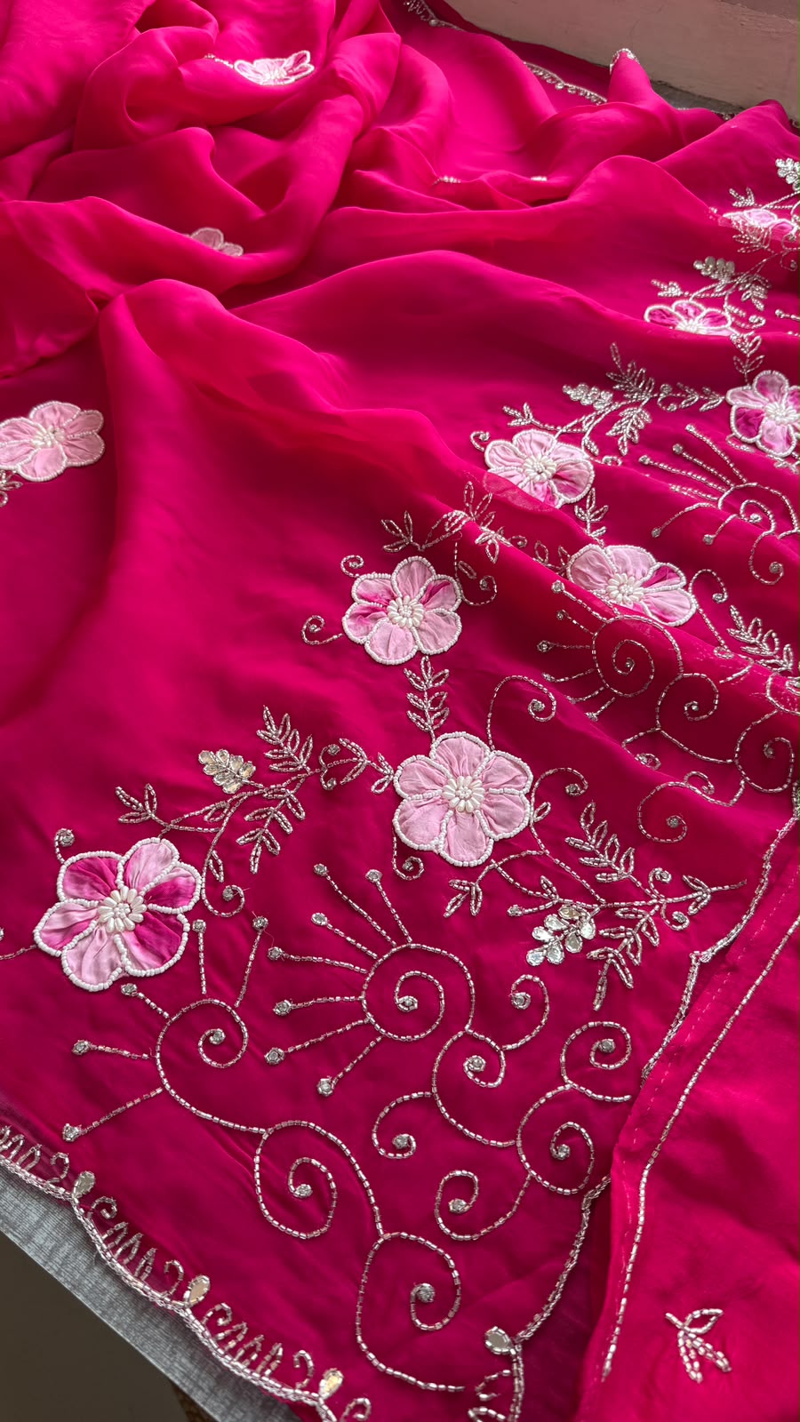 Pearl, Kutdana & Artisan Appliqué On Pure Soft Silk · 42 Artisan Hours of Work · The Meher Gul Edit