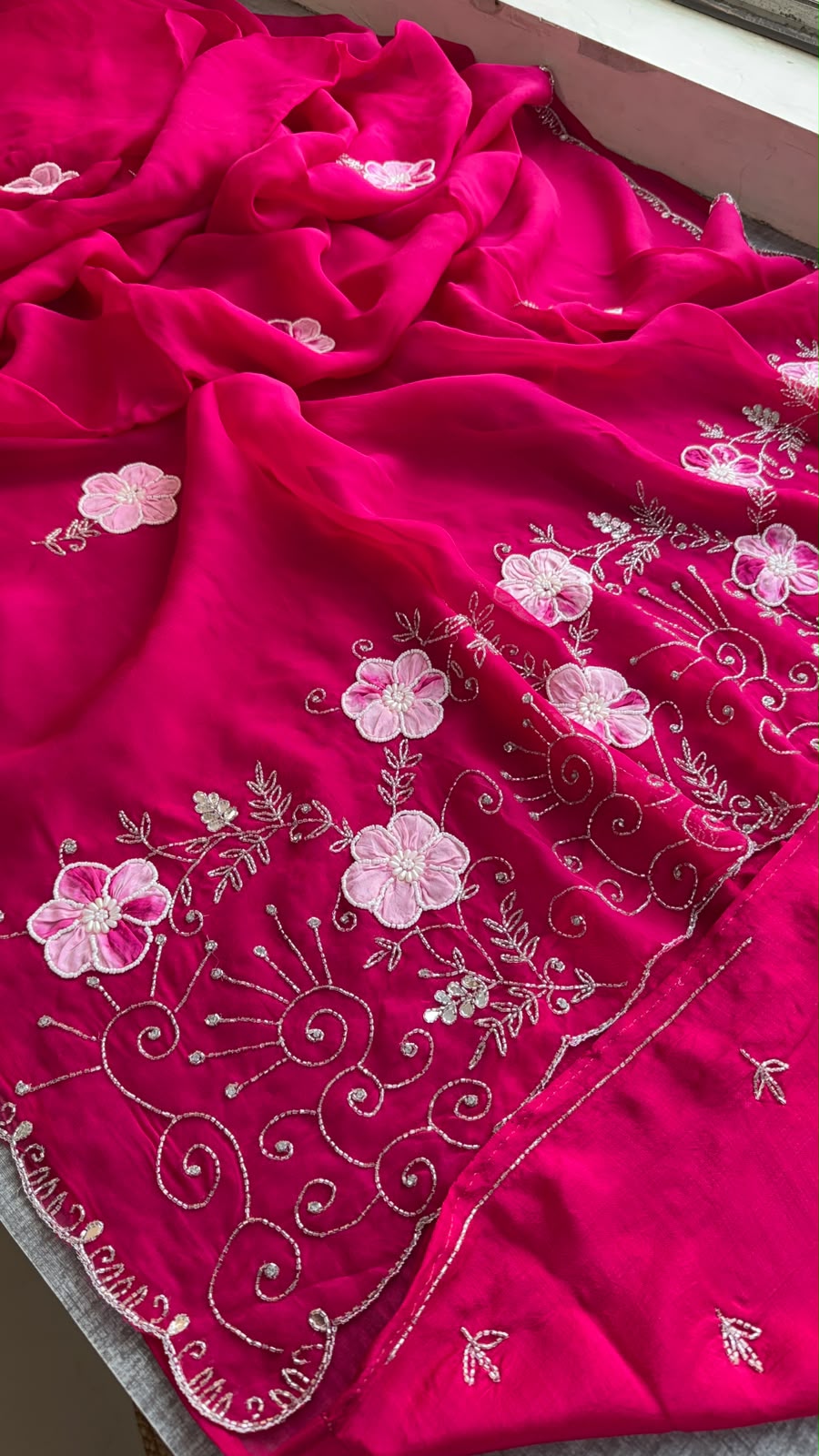Pearl, Kutdana & Artisan Appliqué On Pure Soft Silk · 42 Artisan Hours of Work · The Meher Gul Edit