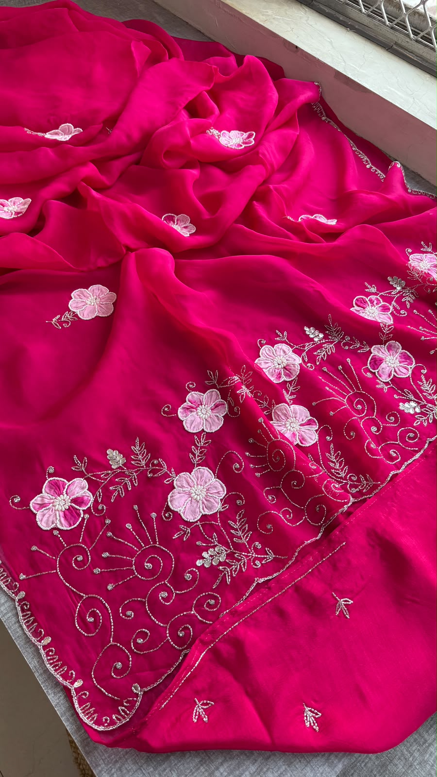 Pearl, Kutdana & Artisan Appliqué On Pure Soft Silk · 42 Artisan Hours of Work · The Meher Gul Edit