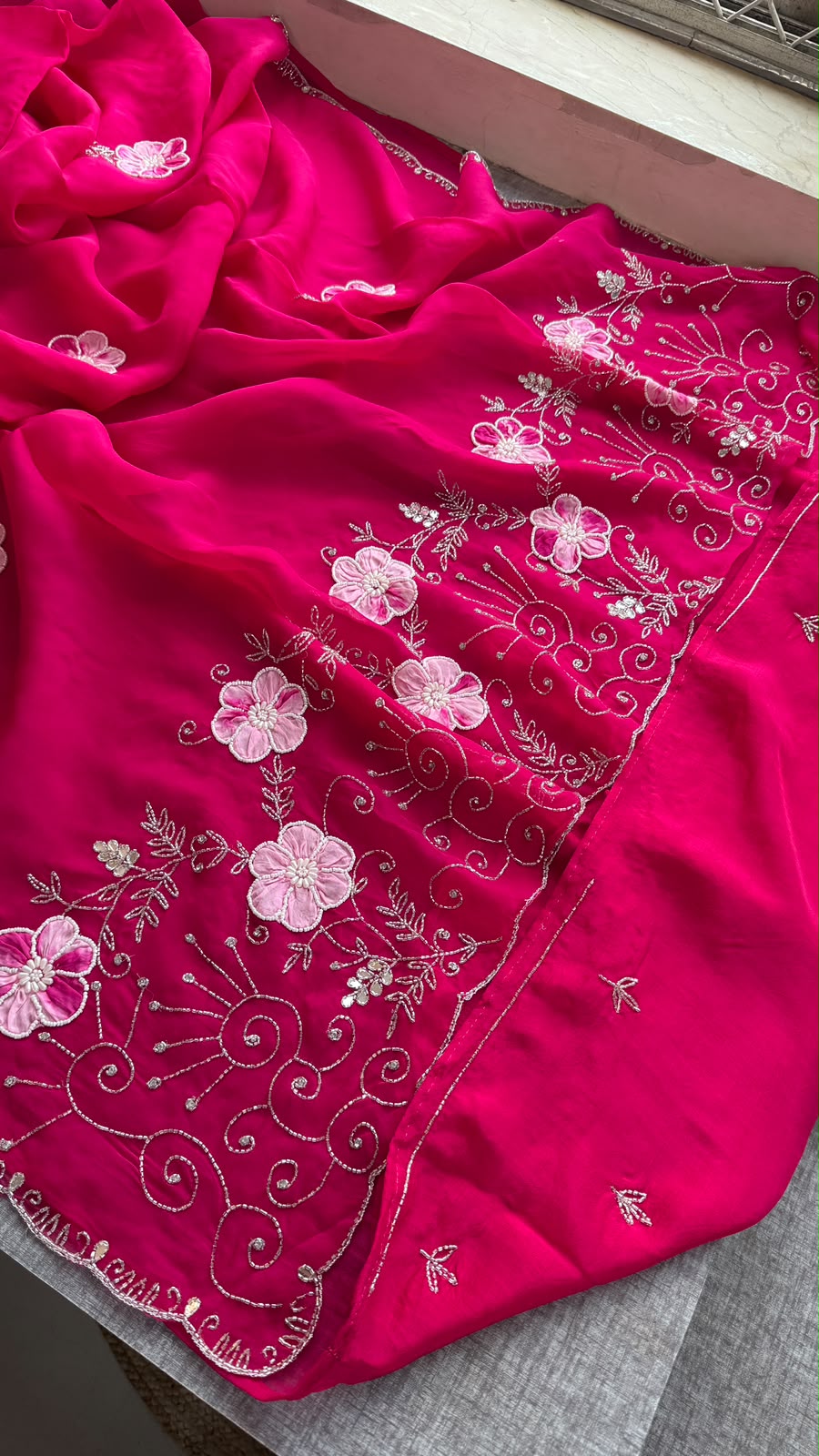 Pearl, Kutdana & Artisan Appliqué On Pure Soft Silk · 42 Artisan Hours of Work · The Meher Gul Edit