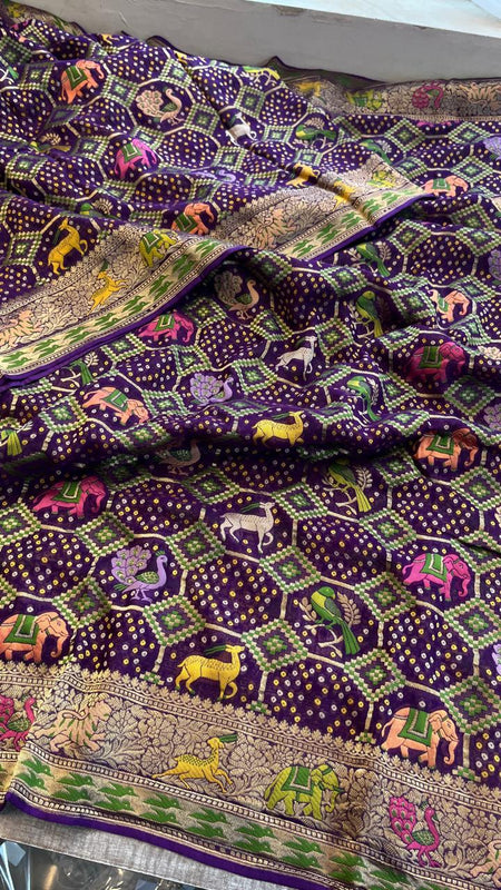 Pure Heavy Khaddi Georgette Saree with Bandhani & Meena Banarasi Weaving