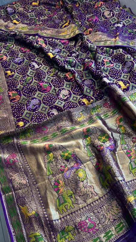 Pure Heavy Khaddi Georgette Saree with Bandhani & Meena Banarasi Weaving
