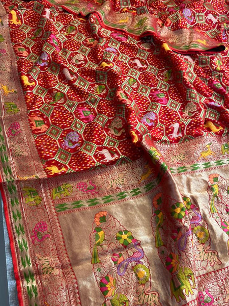 Pure Heavy Khaddi Georgette Saree with Bandhani & Meena Banarasi Weaving