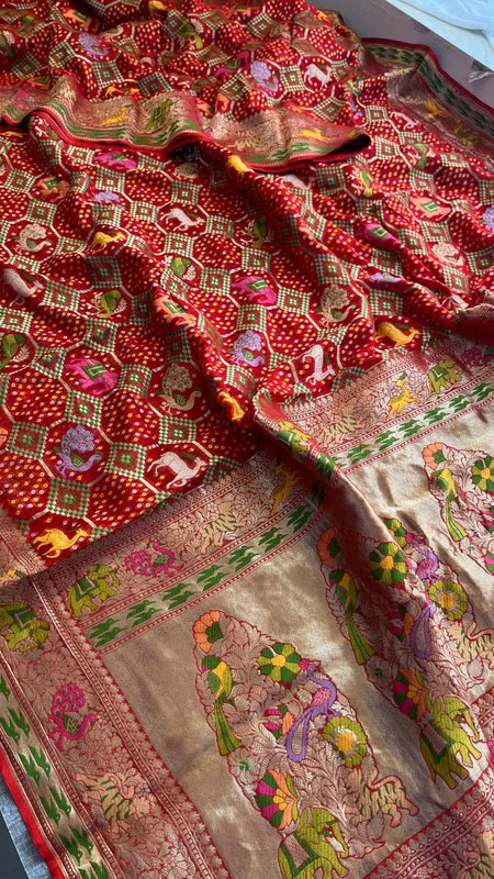 Pure Heavy Khaddi Georgette Saree with Bandhani & Meena Banarasi Weaving