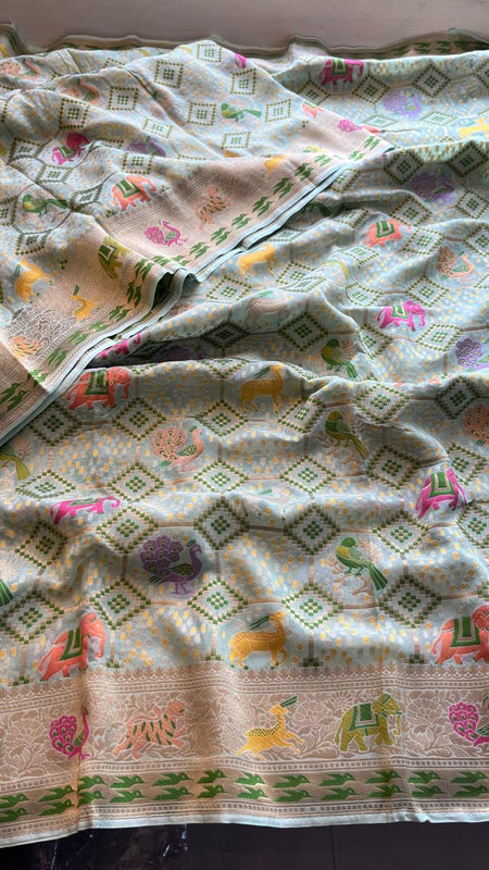 Pure Heavy Khaddi Georgette Saree with Bandhani & Meena Banarasi Weaving