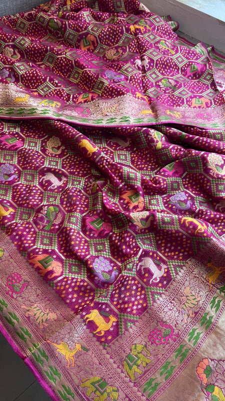 Pure Heavy Khaddi Georgette Saree with Bandhani & Meena Banarasi Weaving