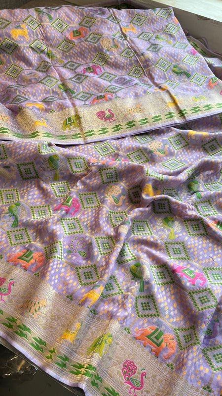 Pure Heavy Khaddi Georgette Saree with Bandhani & Meena Banarasi Weaving