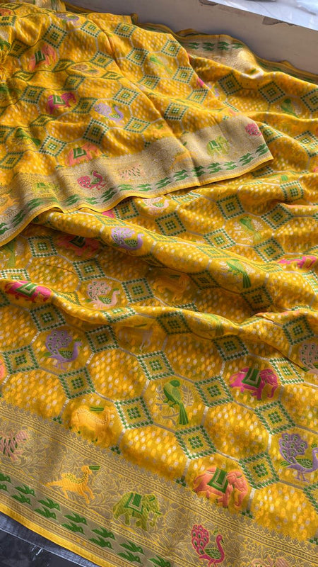 Pure Heavy Khaddi Georgette Saree with Bandhani & Meena Banarasi Weaving