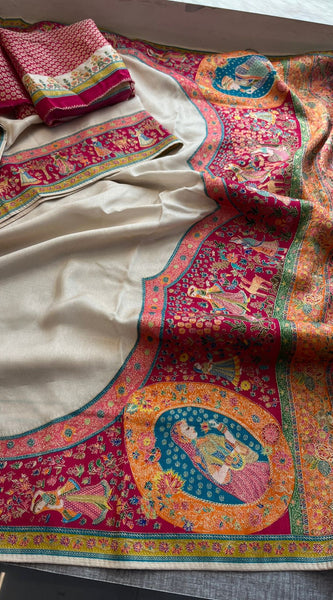 Pure Munga Tussar Silk Saree with Meena Banarasi Weaving