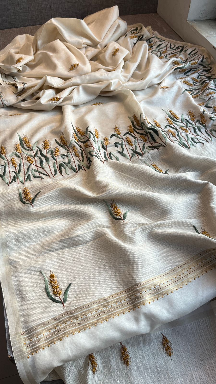 Pure Tussar Linen Silk Saree with Hand Knot & Katha Work