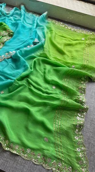 Chinon Crepe Saree with Kasab & Gotapatti Embroidery