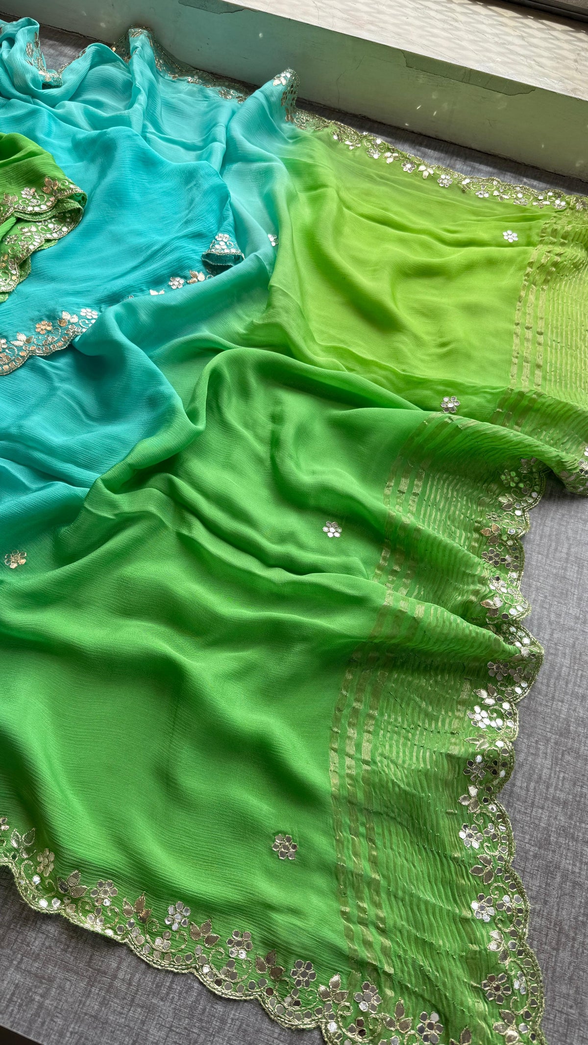 Chinon Crepe Saree with Kasab & Gotapatti Embroidery