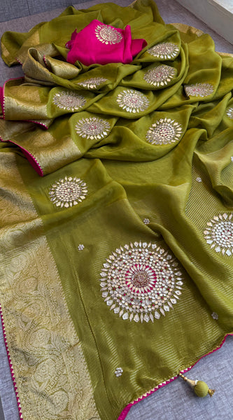 Munga Silk Banarasi Saree with Anchor, Pearl & Zardozi