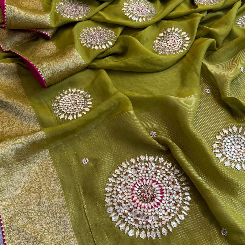 Munga Silk Banarasi Saree with Anchor, Pearl & Zardozi