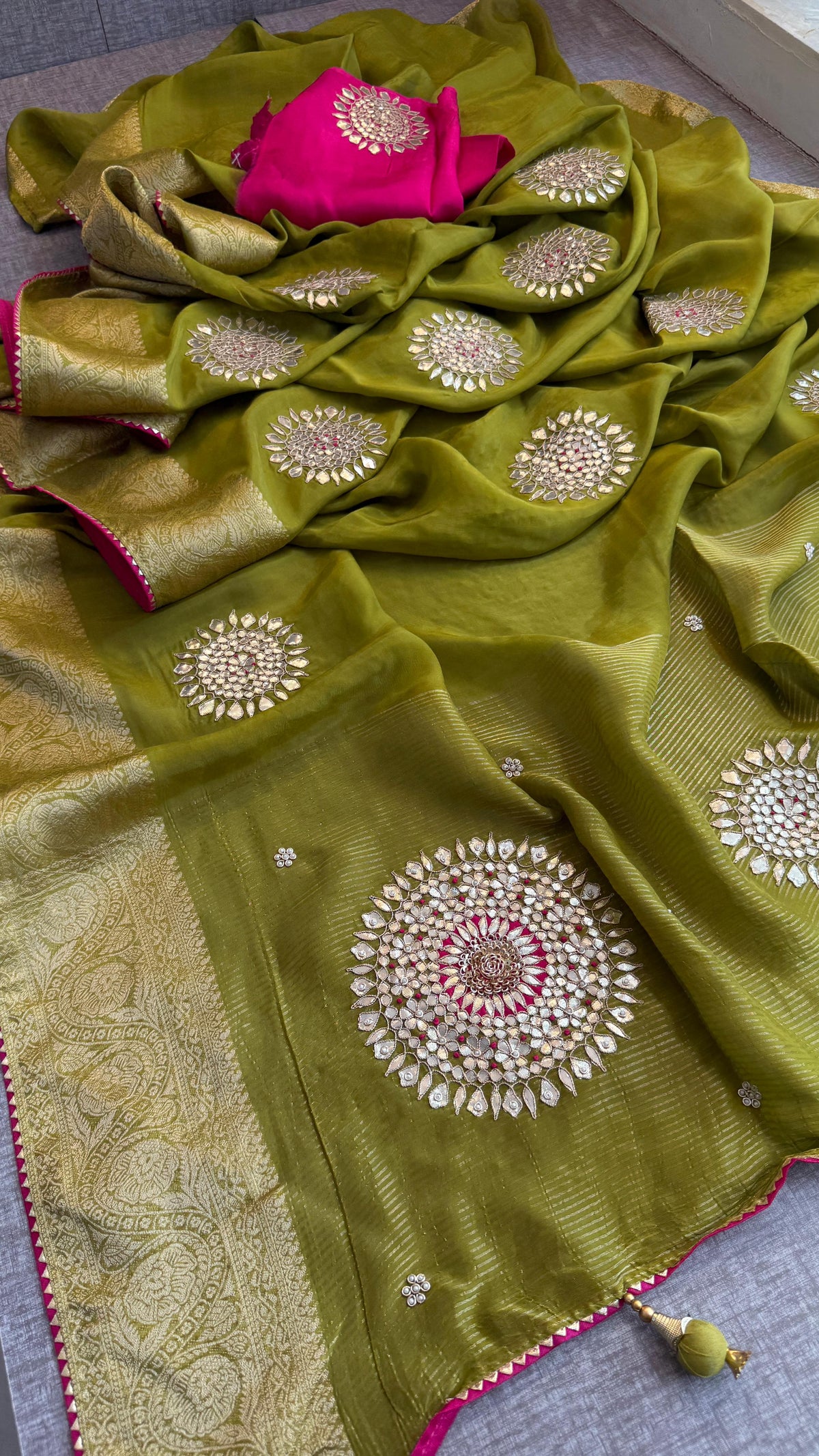 Munga Silk Banarasi Saree with Anchor, Pearl & Zardozi