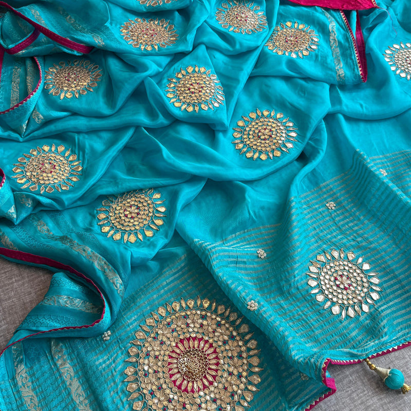 Munga Silk Banarasi Saree with Anchor, Pearl & Zardozi
