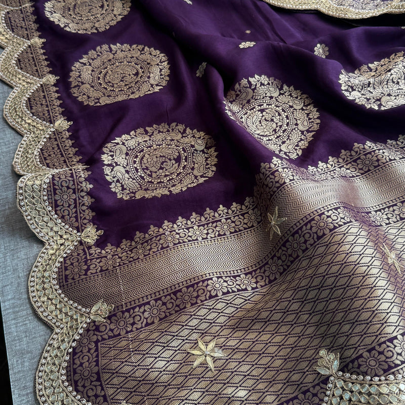 Munga Banarasi Silk Saree with Zardozi & Pearl Embroidery