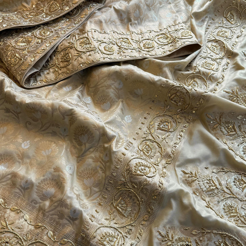 Munga Banarasi Silk Saree with Zardozi, Pearl & Sequins