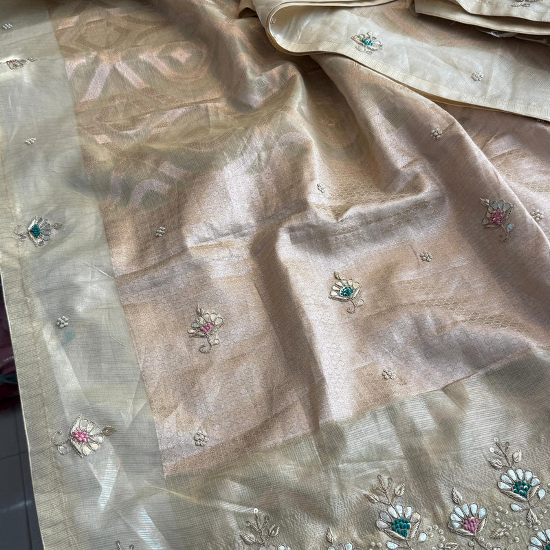 Soft Tissue Banarasi Silk Saree with Pearl & Gotapatti Embroidery
