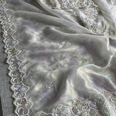 Soft Tissue Net Saree with Zardozi, Pearl & Kutdana Embroidery