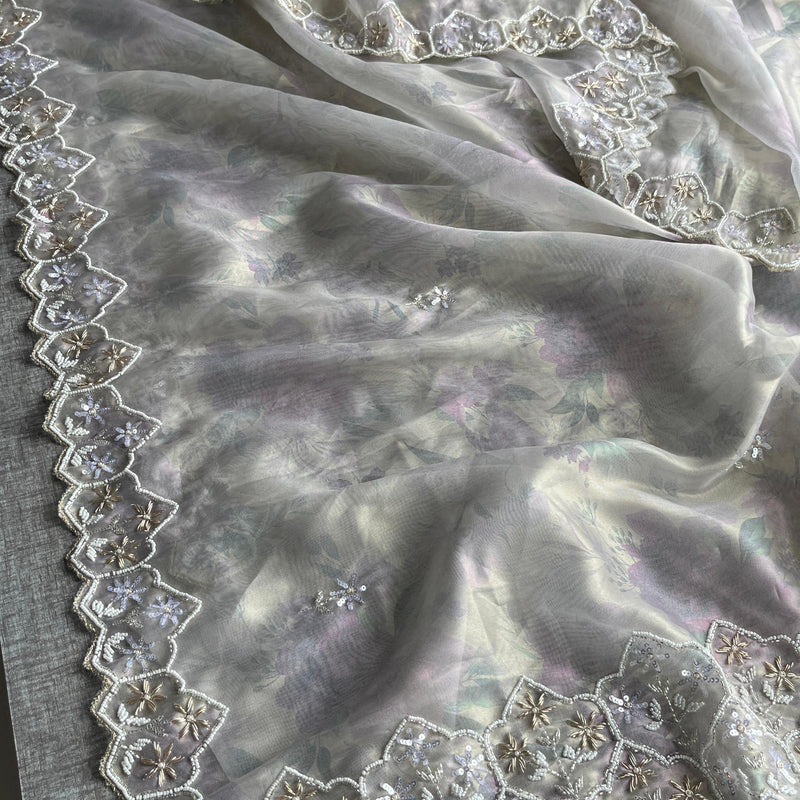 Soft Tissue Net Saree with Zardozi, Pearl & Kutdana Embroidery