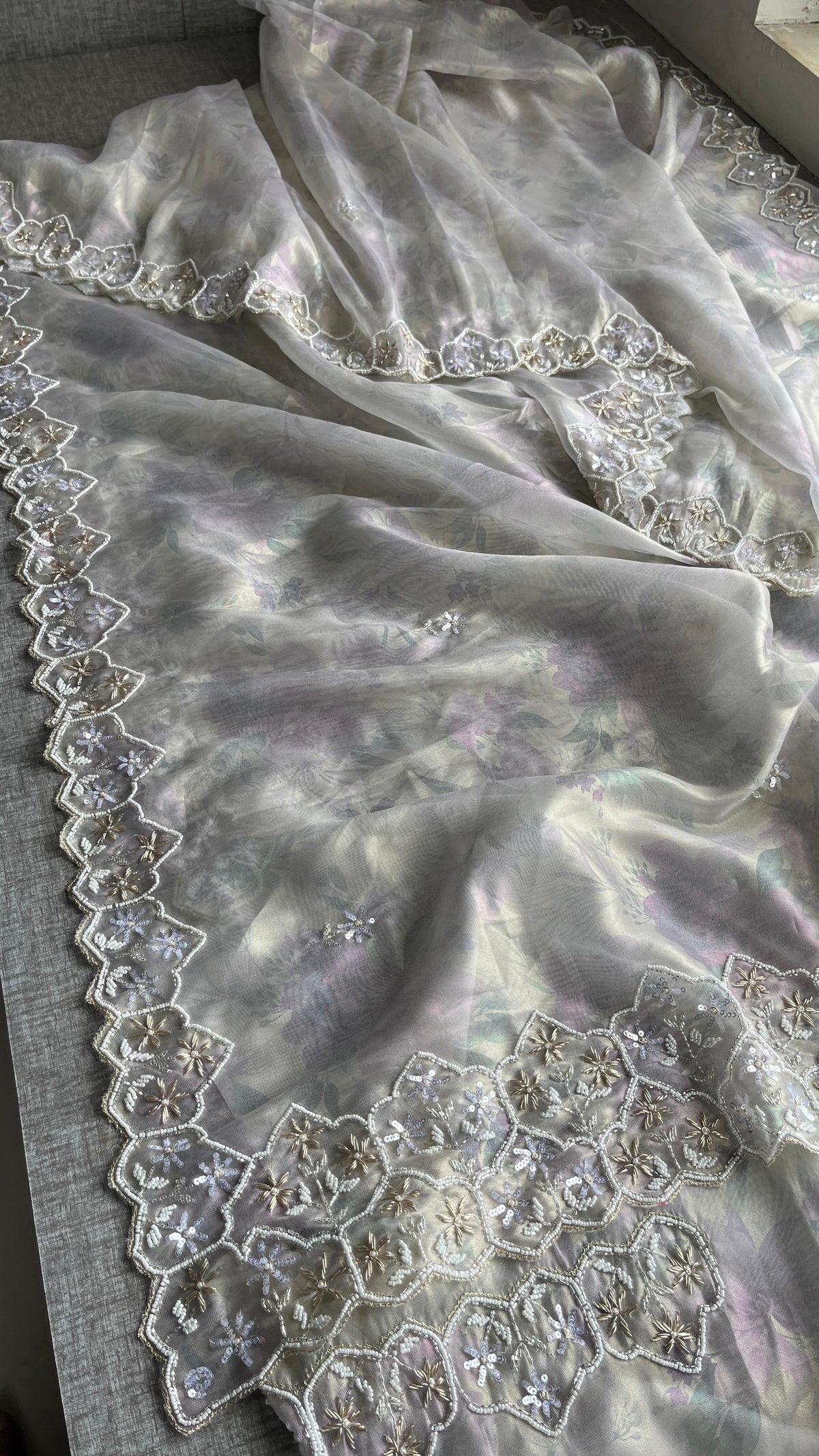 Soft Tissue Net Saree with Zardozi, Pearl & Kutdana Embroidery