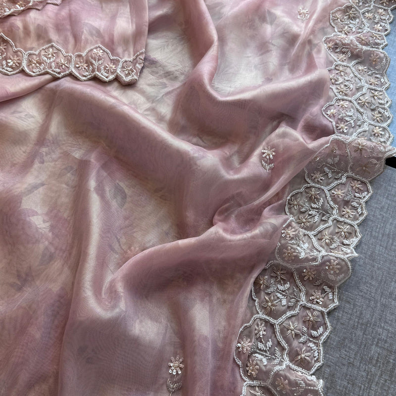 Soft Tissue Net Saree with Zardozi, Pearl & Kutdana Embroidery