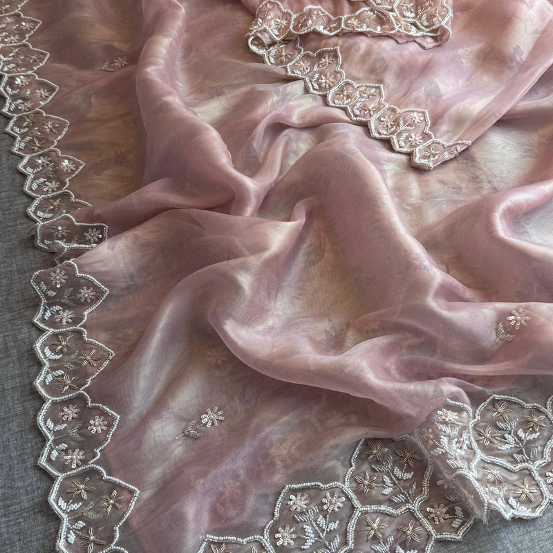 Soft Tissue Net Saree with Zardozi, Pearl & Kutdana Embroidery