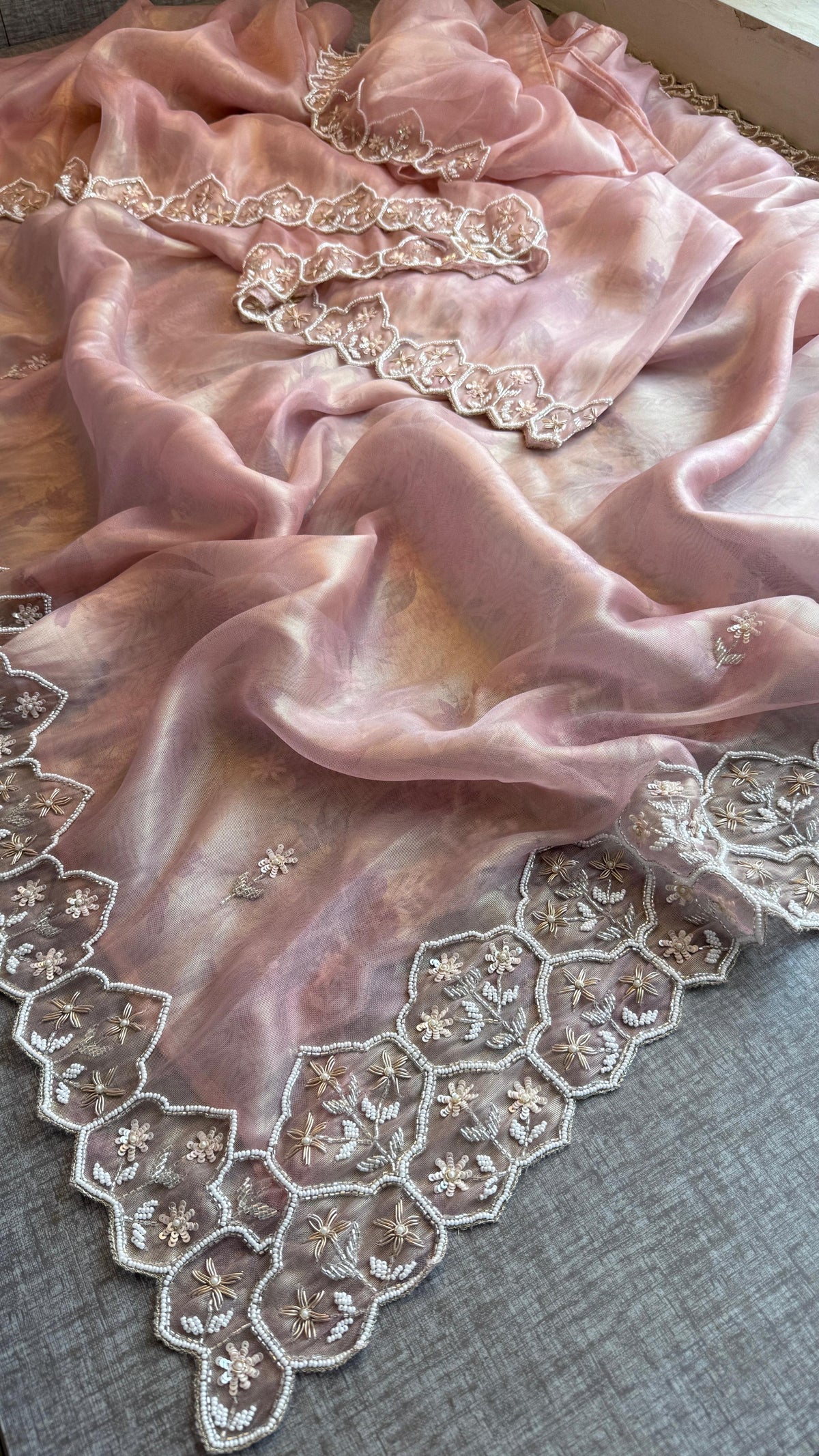 Soft Tissue Net Saree with Zardozi, Pearl & Kutdana Embroidery