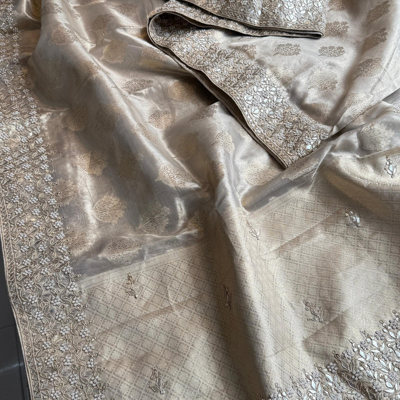 Tissue Handloom Banarasi Silk Saree with Pearl & Gotapatti