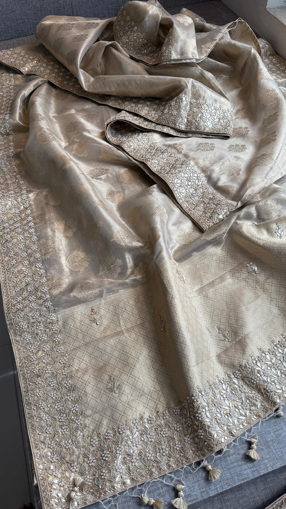 Tissue Handloom Banarasi Silk Saree with Pearl & Gotapatti