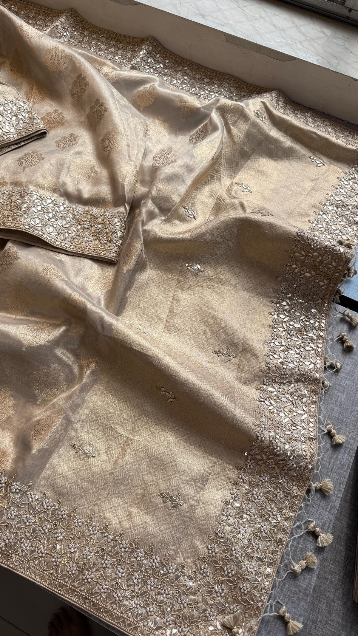 Tissue Handloom Banarasi Silk Saree with Pearl & Gotapatti