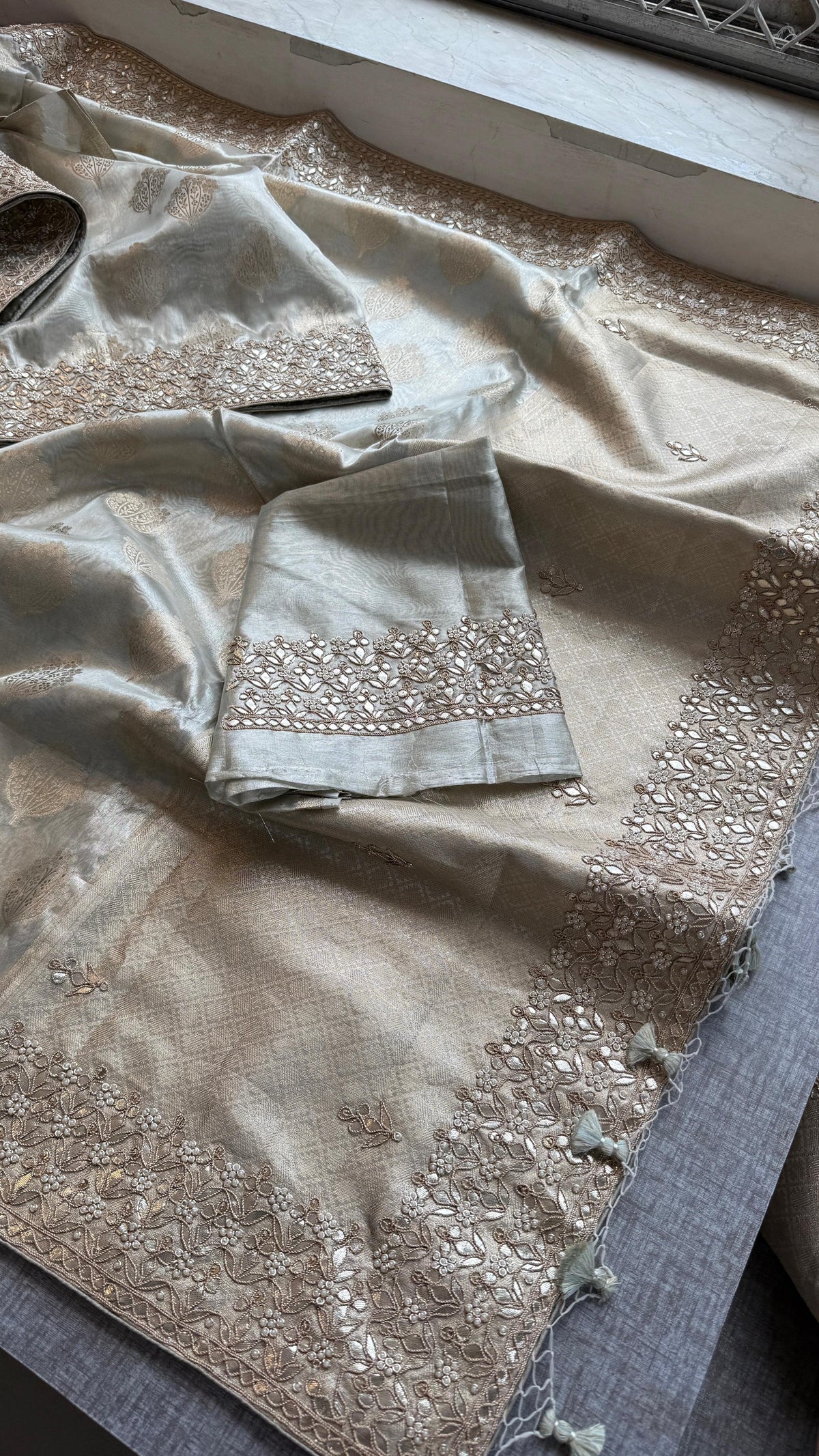 Tissue Handloom Banarasi Silk Saree with Pearl & Gotapatti