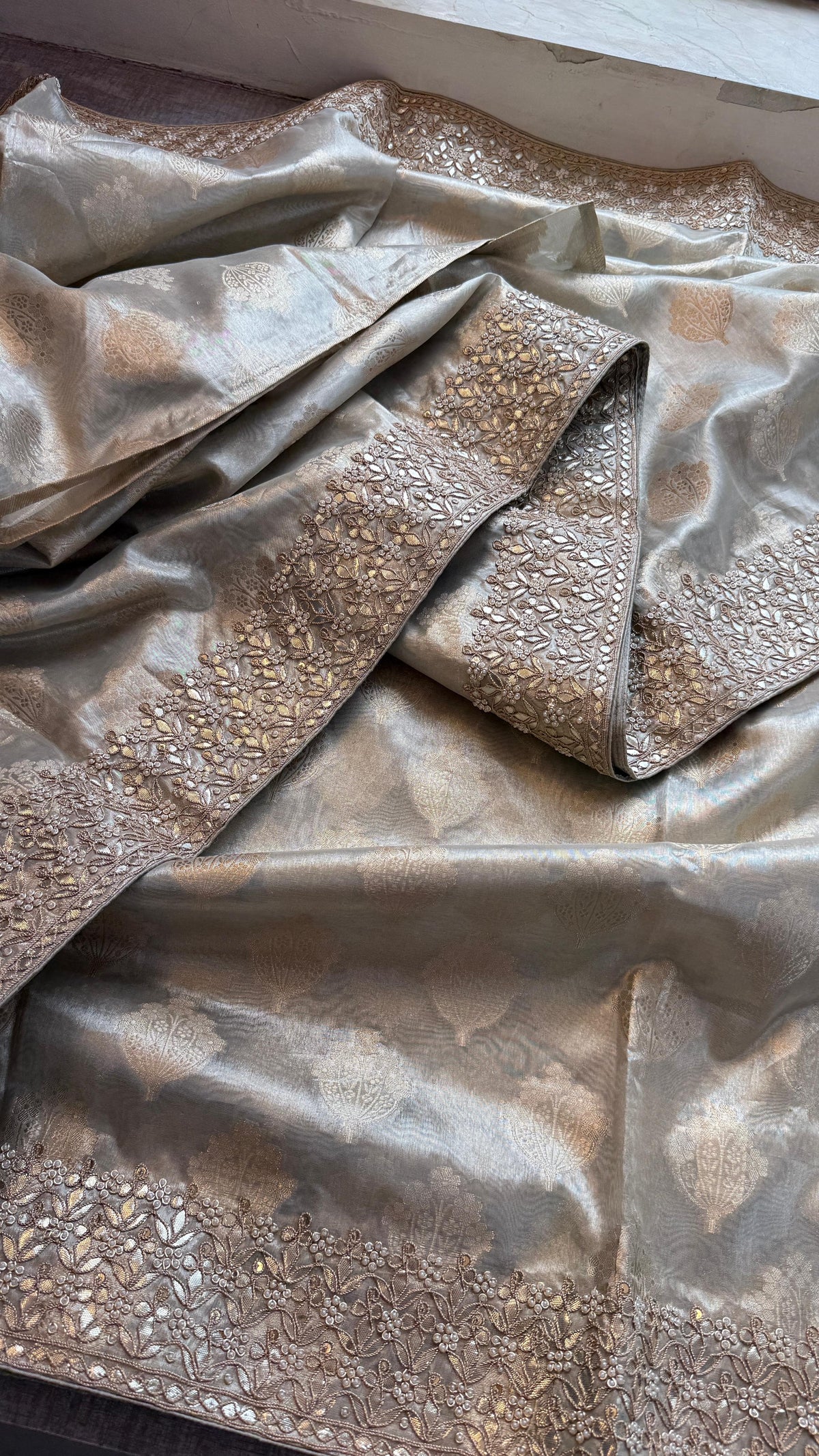 Tissue Handloom Banarasi Silk Saree with Pearl & Gotapatti