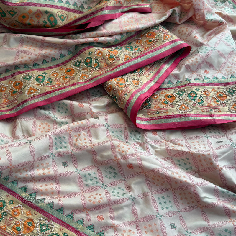 Patola Munga Banarasi Silk Saree with Zardozi & Pearl Work