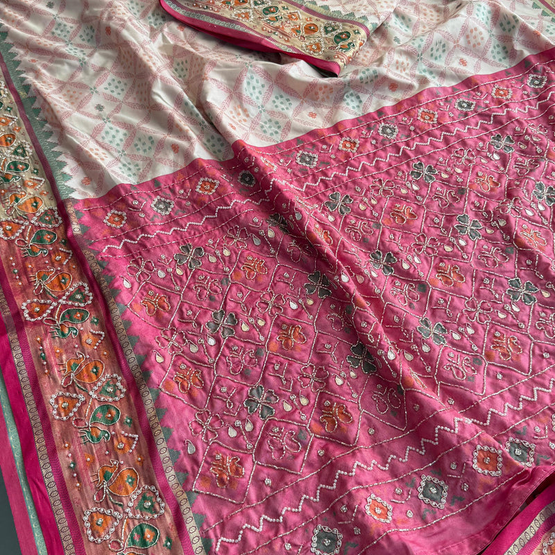 Patola Munga Banarasi Silk Saree with Zardozi & Pearl Work