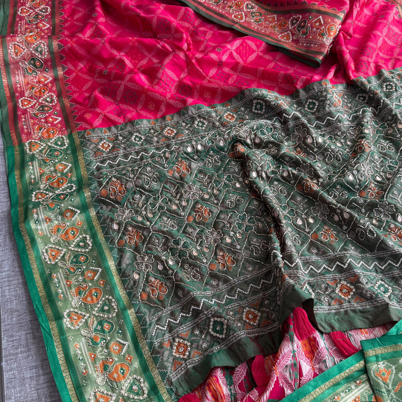 Patola Munga Banarasi Silk Saree with Zardozi & Pearl Work