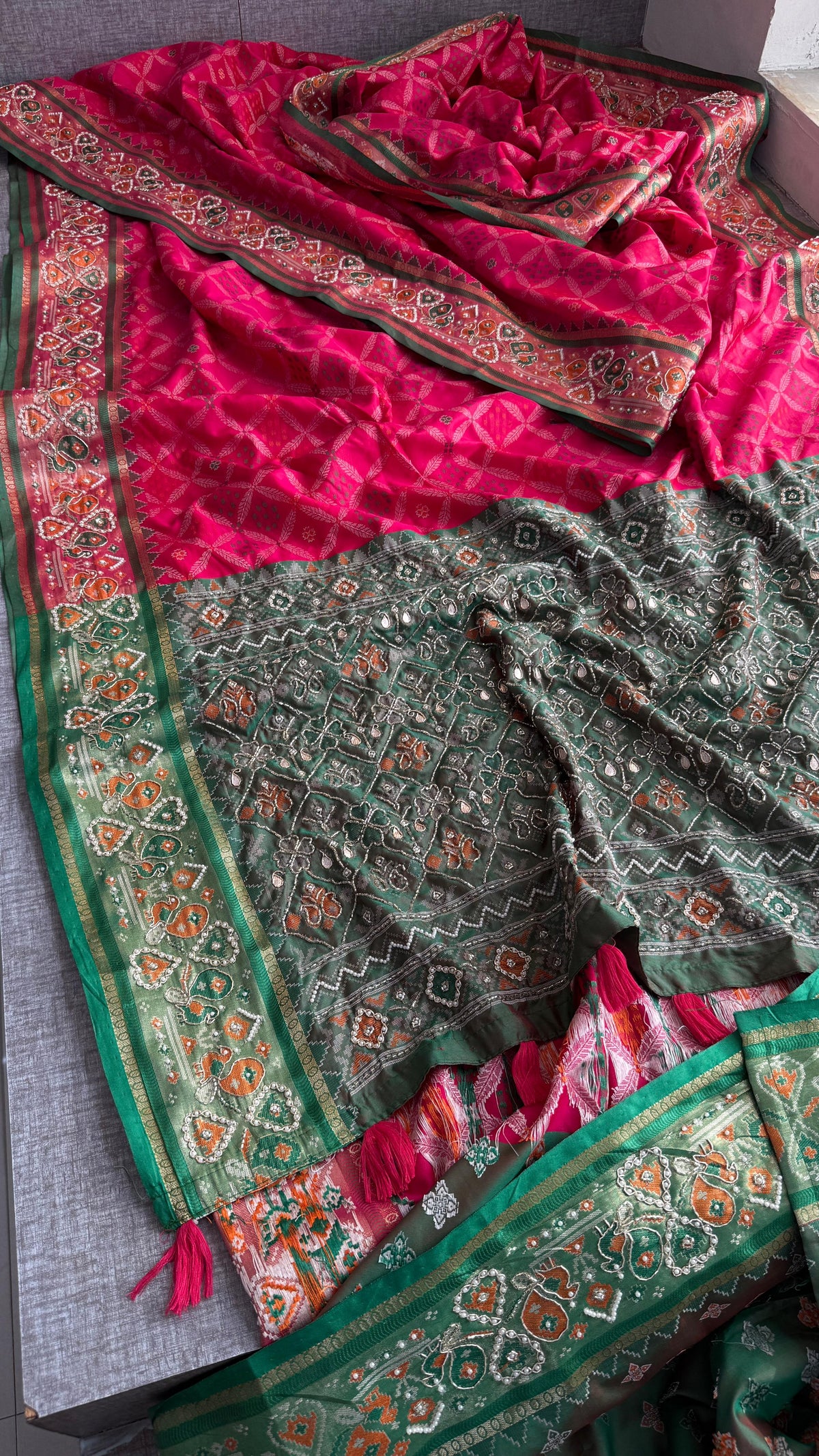 Patola Munga Banarasi Silk Saree with Zardozi & Pearl Work