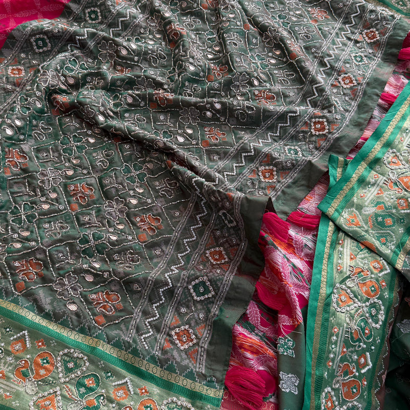 Patola Munga Banarasi Silk Saree with Zardozi & Pearl Work
